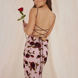 Amfeov Sexy Strap Backless Rose Printed Dress Vacation Slim Fit Lace up Sexy Dress