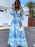 Amfeov Women Wear Spring Long Printed V-neck Long Sleeve Elegant Dress