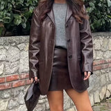 90s streetwear Autumn New Women's Fashion Simple Old Money Style Leather Suit Jacket