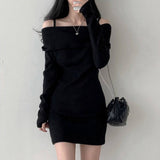 off shoulder off-Shoulder Knitted Sling Dress Women's Autumn and Winter 2024 New Pure Sexy off-Shoulder Rib Waist Hip Skirt