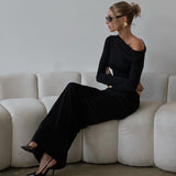 off shoulder  New Women's Oblique Collar Long Sleeve Finger-Covering Navel Stretch Solid Color Dress Sexy Fashion Skirt Suit Fashion