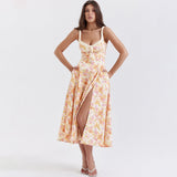 Amfeov Summer Women Clothing Floral Slip Dress Sexy Backless Slit Mid Length Vacation Dress for Women