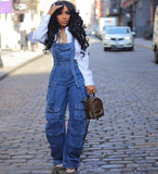 birthday outfits Women's Loose Denim Suspender Pants Women's Spring Street Fashion Multi-Pocket Jumpsuit