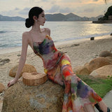 Amfeov-Oil Painting Summer Retro Beautiful Beach Vest Dress