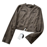 24 New Retro Distressed Brown Suede Slim Stand Collar Leather Jacket Ins Blogger Short Jacket for Women 3301