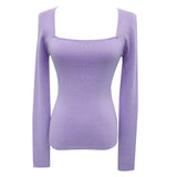 2000s fashion 7356 Autumn and Winter New 14-Pin Cashmere Hong Kong Style Retro Square Collar Leaky Collarbone Slim Slimming Sexy Sweater