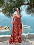 Amfeov-Lady Beach Red Floral Skirt V-neck Strap Dress Women's Summer Fancy Long Dress Seaside Holiday Beach Dress