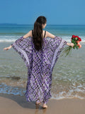 Amfeov-Bohemian Holiday Dress Women's Summer V-neck Strap Long Dress Loose Sleeve Wide Hem Flowy Seaside Beach Skirt