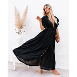 Amfeov Beach Cover up Slubbed Fabric Button Draw Waist Strap Maxi Dress Sun Protection Shirt