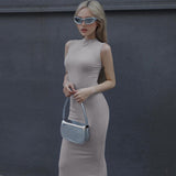 Amfeov Women Clothing Summer Slim Fit Slimming Round Neck Sleeveless Solid Color Dress