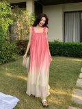 Amfeov-Beach Dress Gradient Color Loose Suspender Dress Summer Seaside Vacation Fairy Skirt Sanya Suspender Dress to Ankle