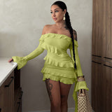 pink dress Hot Selling 2024 Autumn New Fashion off-Shoulder Ruffled Flare Sleeve Ribbon Dress