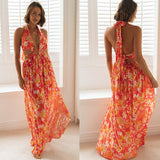 Amfeov Women V-neck Printing Slip Dress Sexy Split Maxi Dress