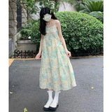 Amfeov-Green Sleeveless Floral Slip Dress Women's Summer New French Style Romantic Texture Fancy Temperament Long Dress