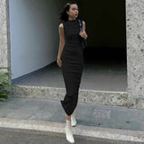 Amfeov Women Clothing Summer Slim Fit Slimming Round Neck Sleeveless Solid Color Dress