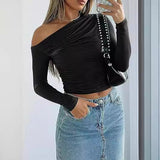 off shoulder  T-shirt Women's Hot Girl Long-Sleeved Bottoming Shirt Casual Shoulder Top Slim-Fit off-Neck Women's Clothing