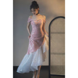 ribbons galore dress to impress Pink off-Shoulder Engagement Dress Fishtail Toast Dress Bride 2024 New Annual Meeting Small Host Evening Dress