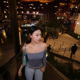 off shoulder  Kardashian Same Style Flat Shoulder Long Sleeve Tight Shaping Jumpsuit off-Shoulder Sheath Bottoming Shirt