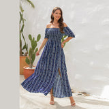 Amfeov Spring Summer Vertical Stripes Floral Print Slit Waist Dress