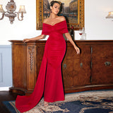 Amfeov Elegant Red Satin off-the-Neck Elegant Lady Short Sleeve Long Pattern High-Grade Chest-Wrapped Evening Dress