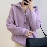 clothes Women's Korean-Style Autumn and Winter New Gentle Solid Color Half-Open Lapel Short Knitted Pullover