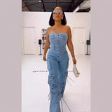 Onemillionlucky birthday outfits 2024 New Tube Top Multi-Pocket Workwear Jeans Jumpsuit Suit Multi-Button Women's Clothing