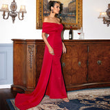 Amfeov Elegant Red Satin off-the-Neck Elegant Lady Short Sleeve Long Pattern High-Grade Chest-Wrapped Evening Dress