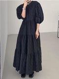 Amfeov Vintage Round-neck 3D Pleated Ruffle Long Dress