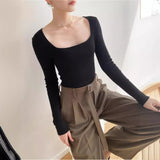 2000s fashion 7356 Autumn and Winter New 14-Pin Cashmere Hong Kong Style Retro Square Collar Leaky Collarbone Slim Slimming Sexy Sweater