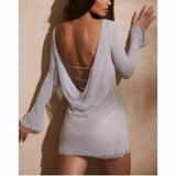 Onemillionlucky music video dress to impress Sexy Women's New Backless Bell Sleeve Long Sleeve Sexy See-through Mini Skirt