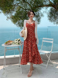 Amfeov-Lady Beach Red Floral Skirt V-neck Strap Dress Women's Summer Fancy Long Dress Seaside Holiday Beach Dress