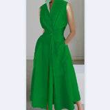 Dress 2024 Summer New Commuter Fashion Solid Color V-neck Women's Button Swing Dress