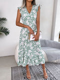 Amfeov Spring Summer Casual Wooden Ear Floral Waist Slimming Maxi Dress Holiday Dress Women Clothing