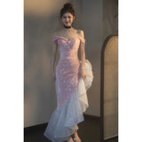 ribbons galore dress to impress Pink off-Shoulder Engagement Dress Fishtail Toast Dress Bride 2024 New Annual Meeting Small Host Evening Dress