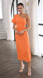 Amfeov Summer Fashionable Elegant Oblique Shoulder Puff Sleeve Side Slit Dress