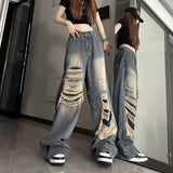 grunge outfits Plus Size American High Street Retro Niche Distressed Ripped Jeans Loose Men's and Women's Pants Fried Street Wide-Leg Pants