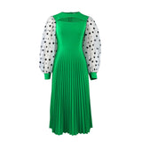 Women's Fashion Contrast Color Stitching Polka Dot Print Lantern Sleeve Waist Pleated Dress Women