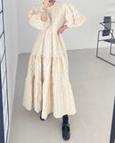 Amfeov Vintage Round-neck 3D Pleated Ruffle Long Dress