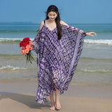 Amfeov-Bohemian Holiday Dress Women's Summer V-neck Strap Long Dress Loose Sleeve Wide Hem Flowy Seaside Beach Skirt