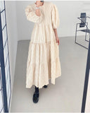 Amfeov Vintage Round-neck 3D Pleated Ruffle Long Dress