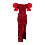 Ruffled V-neck Sequined Long Dress Ladies Banquet Evening Dress Dress Women's Party Dresses