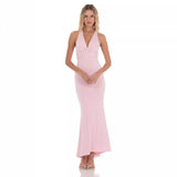 pink dress Pure Desire Style Sleeveless Deep V Halter Backless Cross Strap Sexy Slim Temperament Fishtail Dress