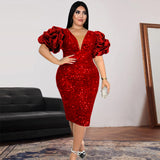 Am1117 Sexy V-neck Pile Sleeve Dress High Waist V Back Party Sequined Dress Dress Dresses