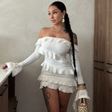 pink dress Hot Selling 2024 Autumn New Fashion off-Shoulder Ruffled Flare Sleeve Ribbon Dress