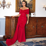 Amfeov Elegant Red Satin off-the-Neck Elegant Lady Short Sleeve Long Pattern High-Grade Chest-Wrapped Evening Dress