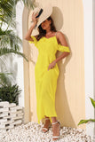 Amfeov Chiffon Long Rhinestone Strip Strap Ruffle Sleeve Maxi Dress