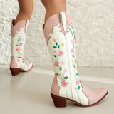 Women's Boots 35-Size 48 New Flower Embroidered Western Boots High Thick Heel Embroidered Pink Denim Boots