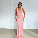 pink dress Summer 2024 New Sexy V-neck Style Backless Sheath Solid Color Dress Fashion All-Matching