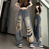 grunge outfits Plus Size American High Street Retro Niche Distressed Ripped Jeans Loose Men's and Women's Pants Fried Street Wide-Leg Pants