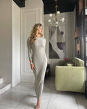 Amfeov Slimming Long Sleeved Knitted Maxi Dress Casual Waist Tight Messy Sunken Stripe Maxi Dress Women